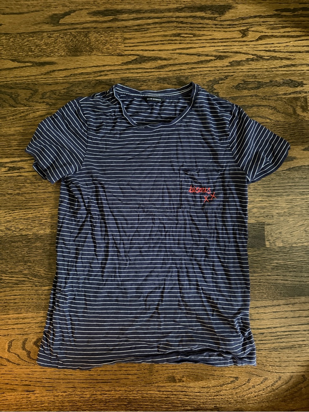 Club Monaco Striped Navy Blue Pocket Tee with Red “Bisous” Script Detail - Small